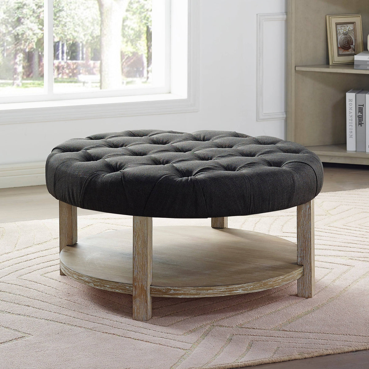 Dark Grey Round Button Tufted Ottoman Q32287