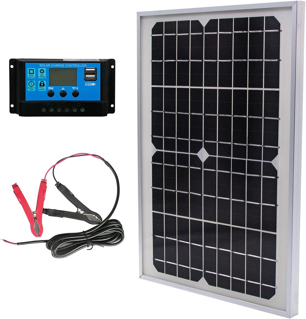 20W 12V Monocrystalline Solar Panel Battery Charger Kit with 10A Charge Controller + Extension Cable Pack of 2 B85659