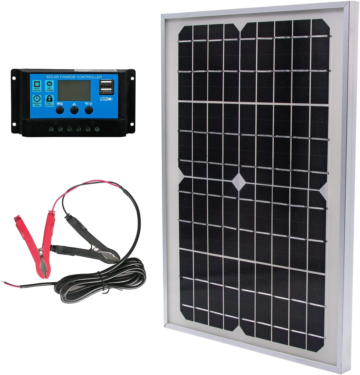 20W 12V Monocrystalline Solar Panel Battery Charger Kit with 10A Charge Controller + Extension Cable Pack of 2 B85659