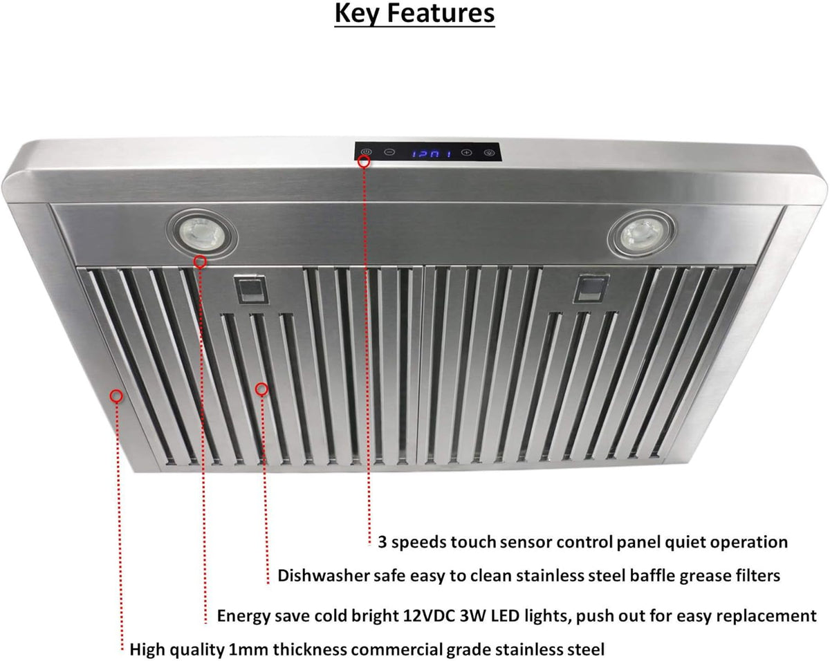 30 Inch Under Cabinet Stainless Steel Range Hood with Baffle Filters W626