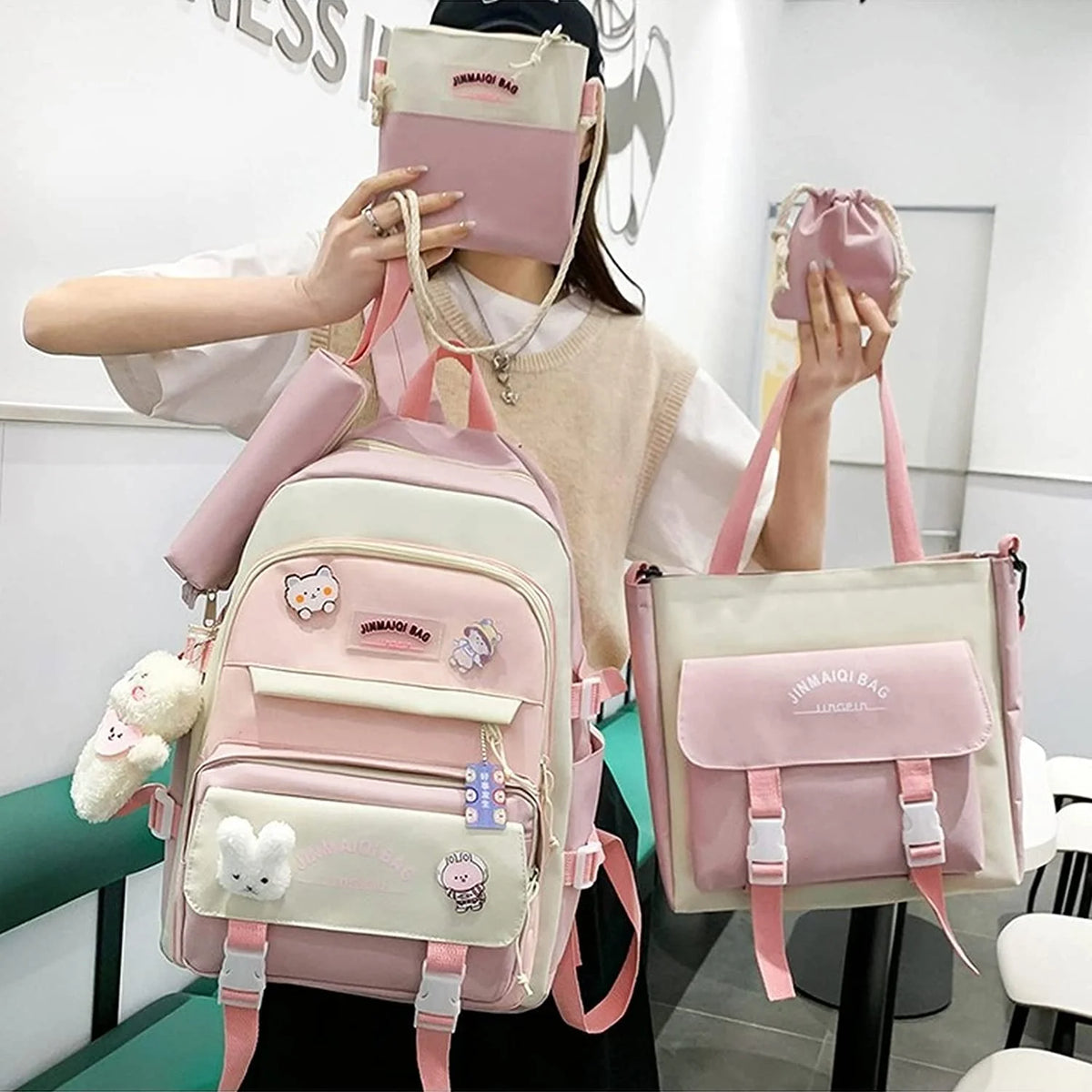 5Pcs Backpacks Combo Set with Bear Pendant & Pins Z4271