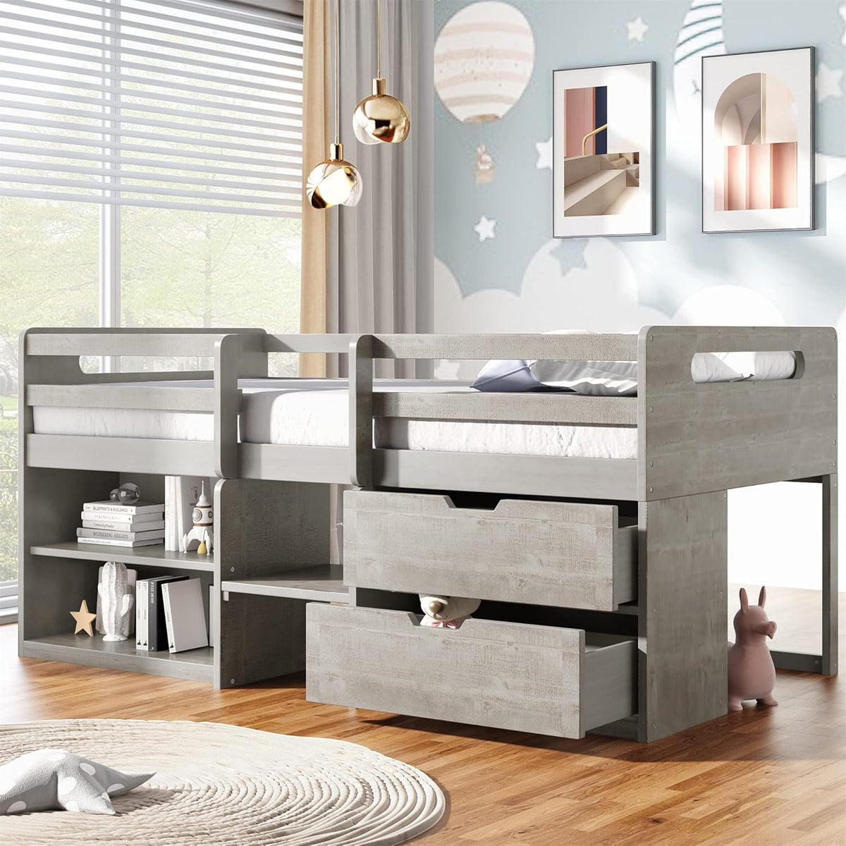 Twin Loft Bed with Desk and Cabinet C6544