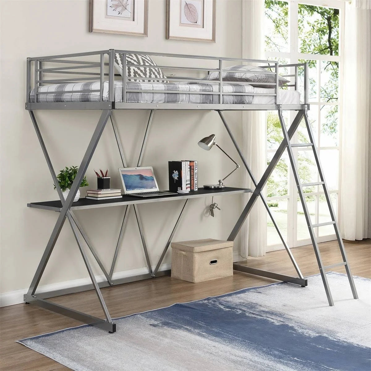 Twin Loft Bed with Desk, Ladder, and Guardrails - Silver J239