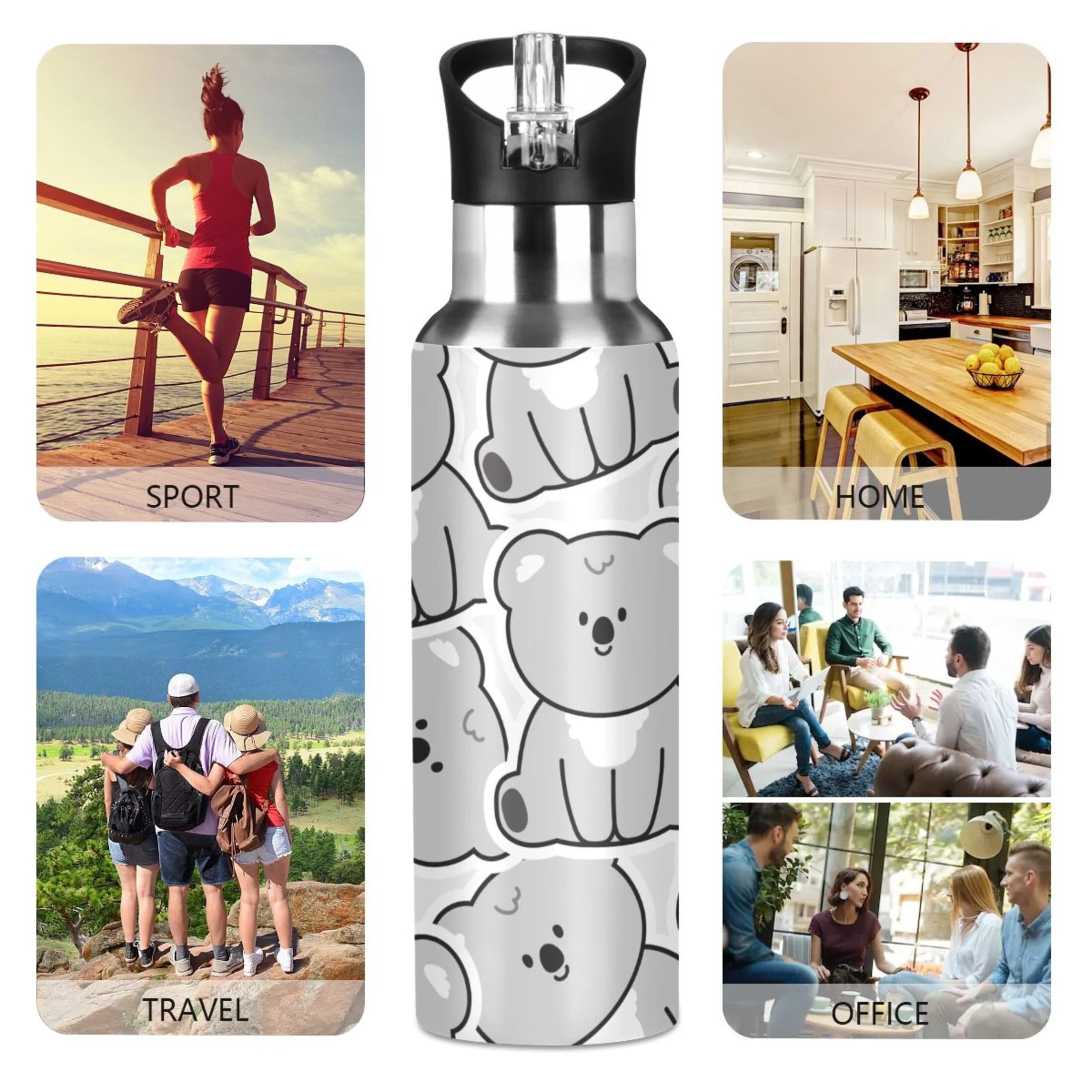 Gray Koala Bear Stainless Steel Insulated Water Bottle with Straw Lid N239