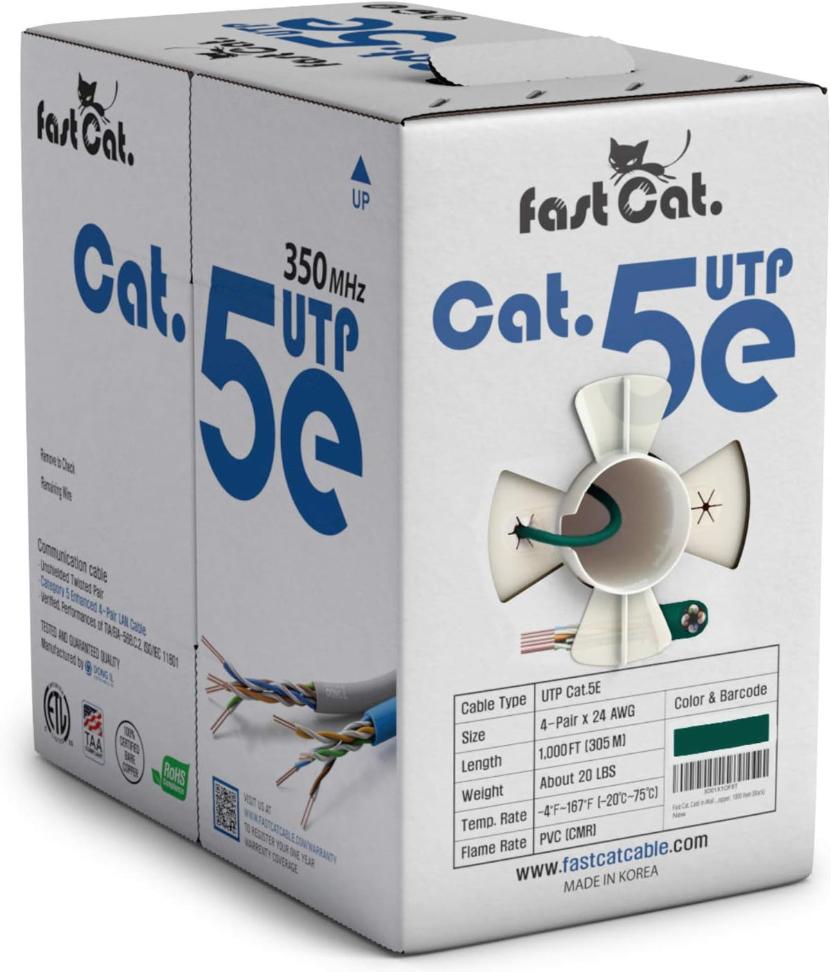 Cat5e Ethernet Cable 1000ft - 24 AWG CMR Bare Copper UTP LAN Cable (Orange) D4072