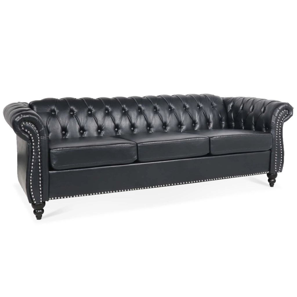 Black PU Rolled Arm Chesterfield Three Seater Sofa A26495
