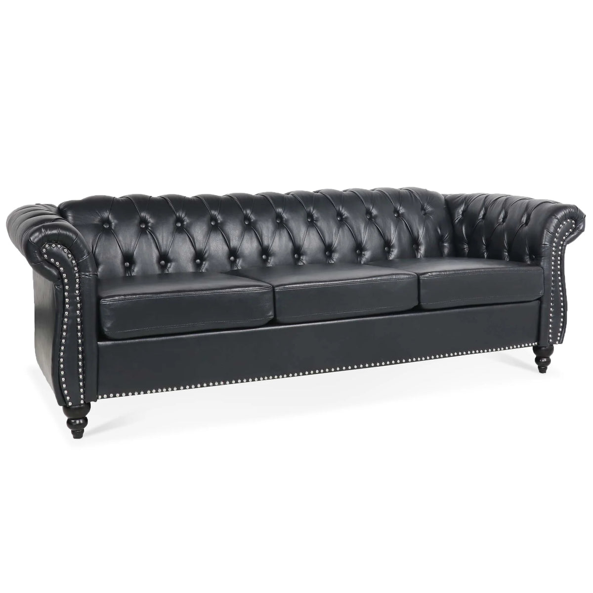 Black PU Rolled Arm Chesterfield Three Seater Sofa A26495