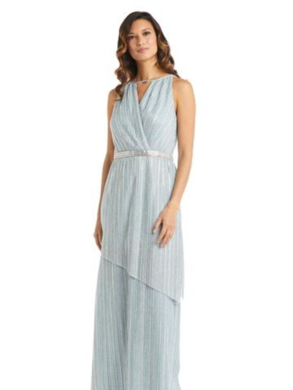 Turquoise Stretch Metallic Zippered Embellished Asymmetrical Overlay Sleeveless Keyhole Full-Length Formal Gown Dress U64442