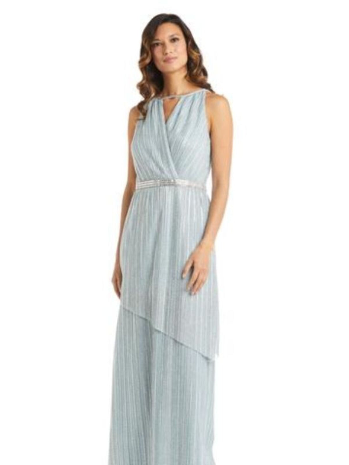 Turquoise Stretch Metallic Zippered Embellished Asymmetrical Overlay Sleeveless Keyhole Full-Length Formal Gown Dress U64442
