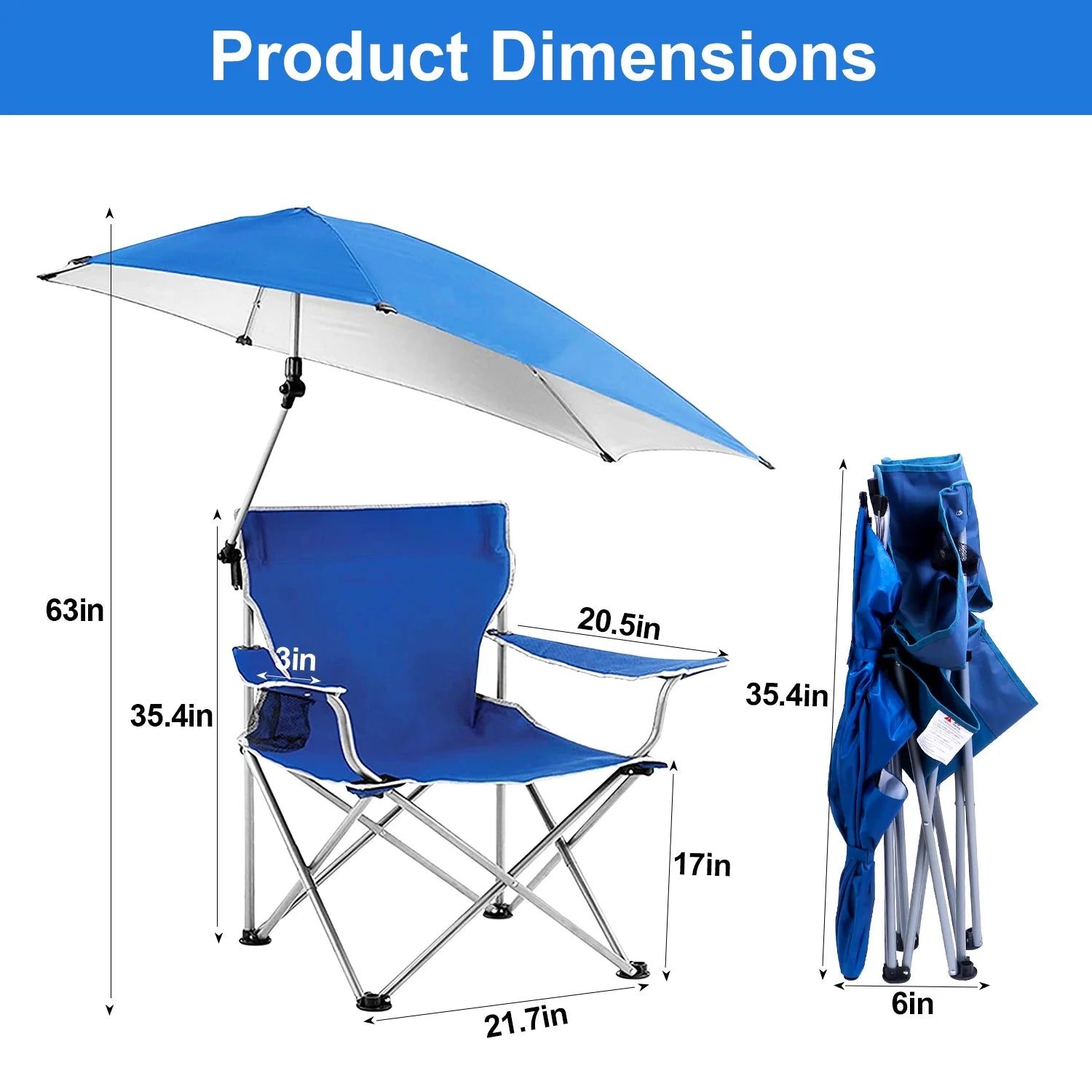 Blue Foldable Beach Chair with Detachable Umbrella Cup Holder Carry Bag N444386