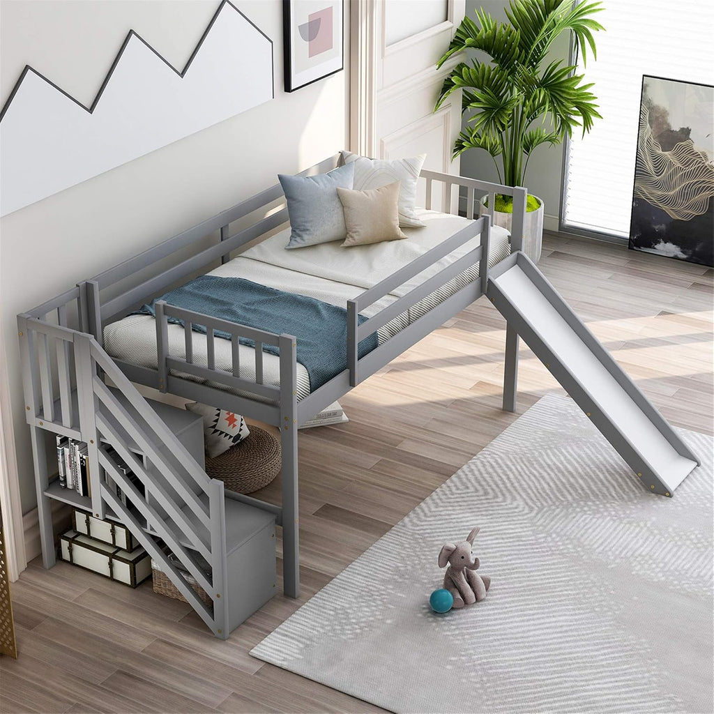 Grey Wood Twin Loft Bed Frame with Stairs and Storage Shelves F26394
