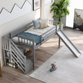 Grey Wood Twin Loft Bed Frame with Stairs and Storage Shelves F26394