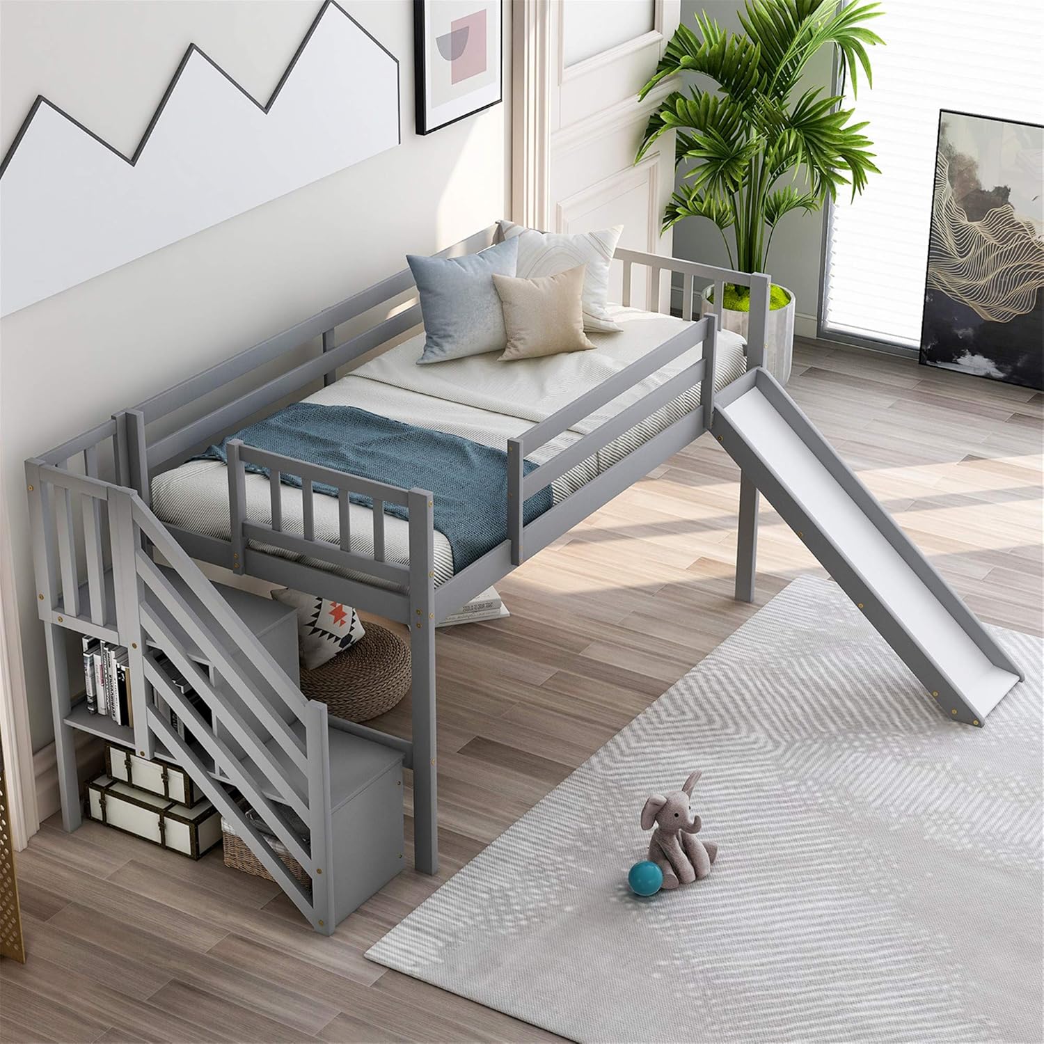 Grey Wood Twin Loft Bed Frame with Stairs and Storage Shelves F26394