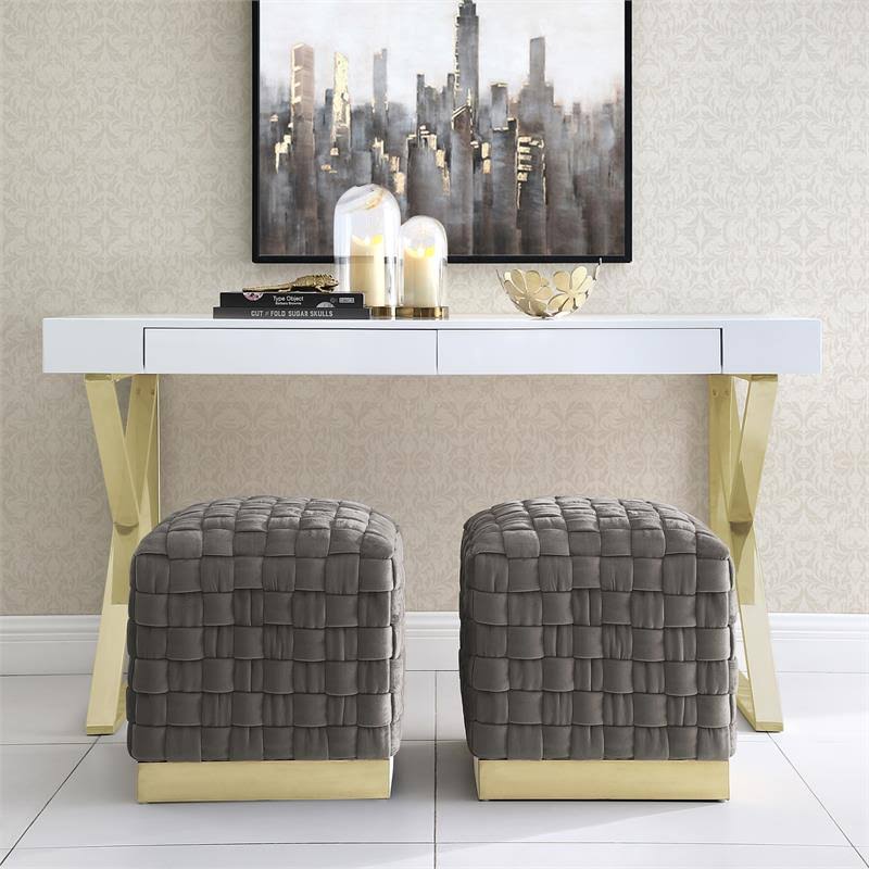 Taupe/Gold Velvet Cube Ottoman with Metal Base E676