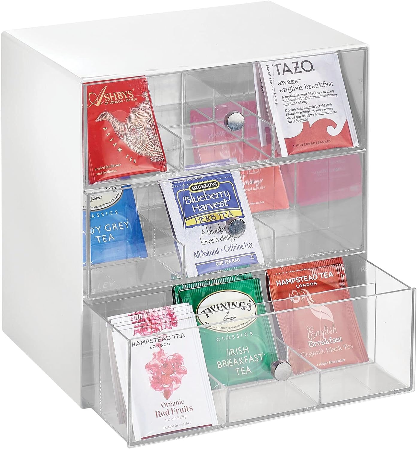 White/Clear Plastic 3 Drawer Tea Bag Caddy Box Storage Container Organizer Holder N571077