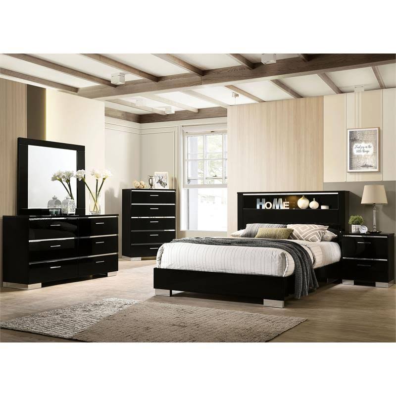 2pc Black Wood Bedroom Set with 2 Nightstands W9803