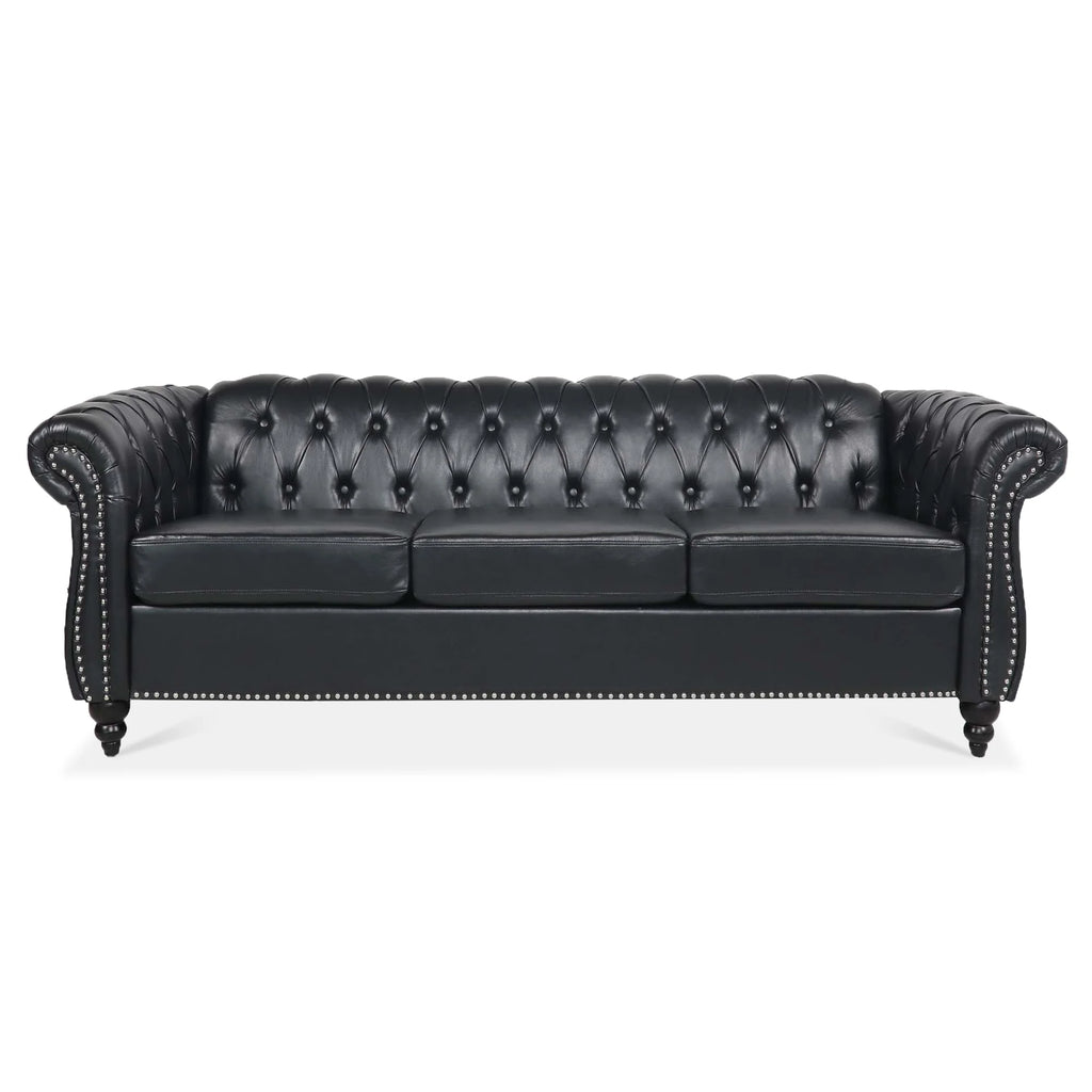 Black PU Rolled Arm Chesterfield Three Seater Sofa A26495