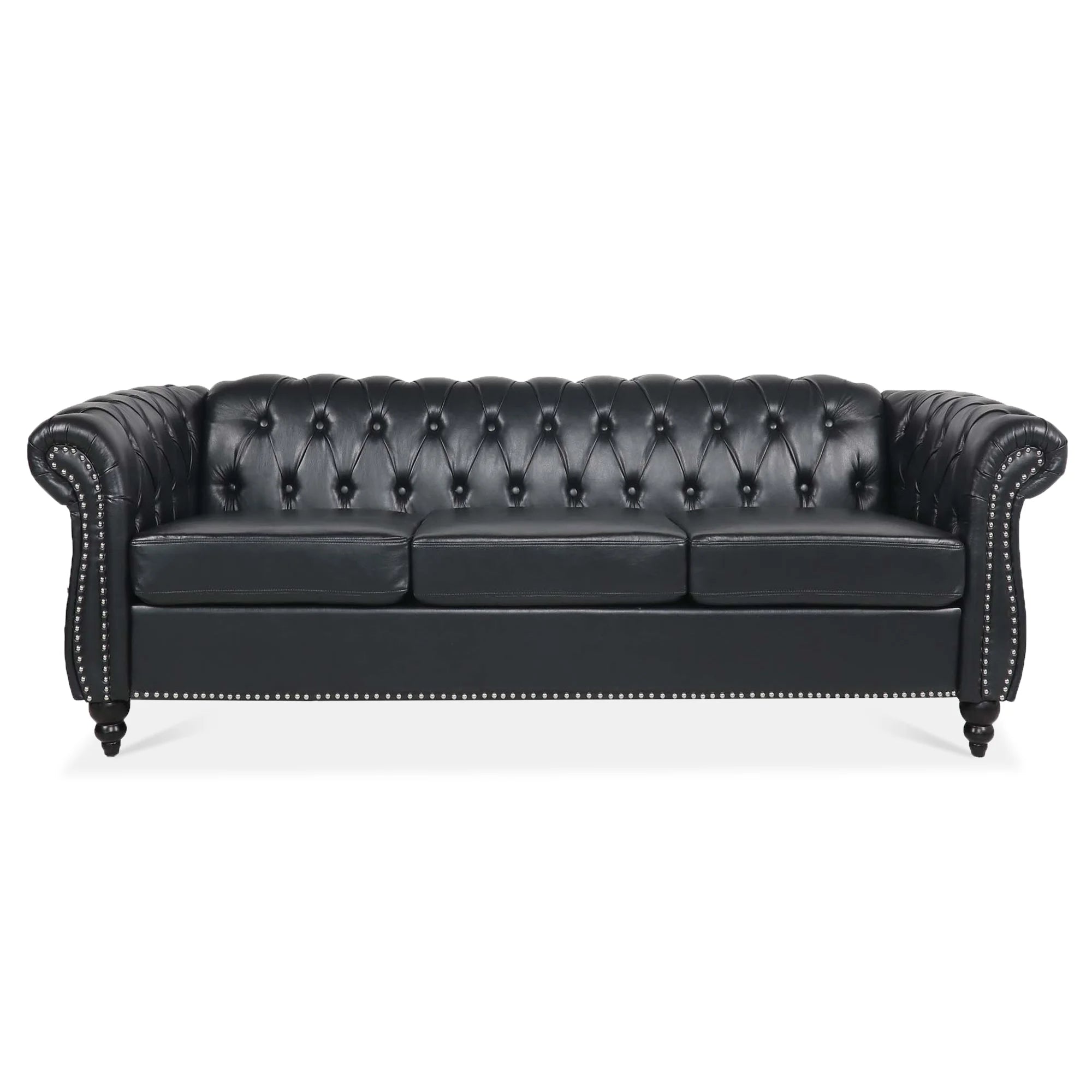 Black PU Rolled Arm Chesterfield Three Seater Sofa A26495