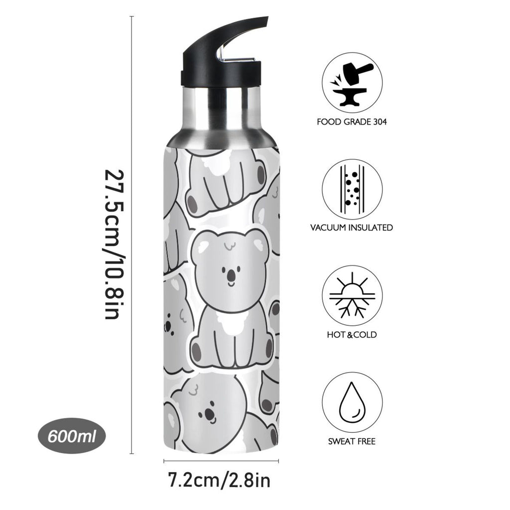 Gray Koala Bear Stainless Steel Insulated Water Bottle with Straw Lid N239