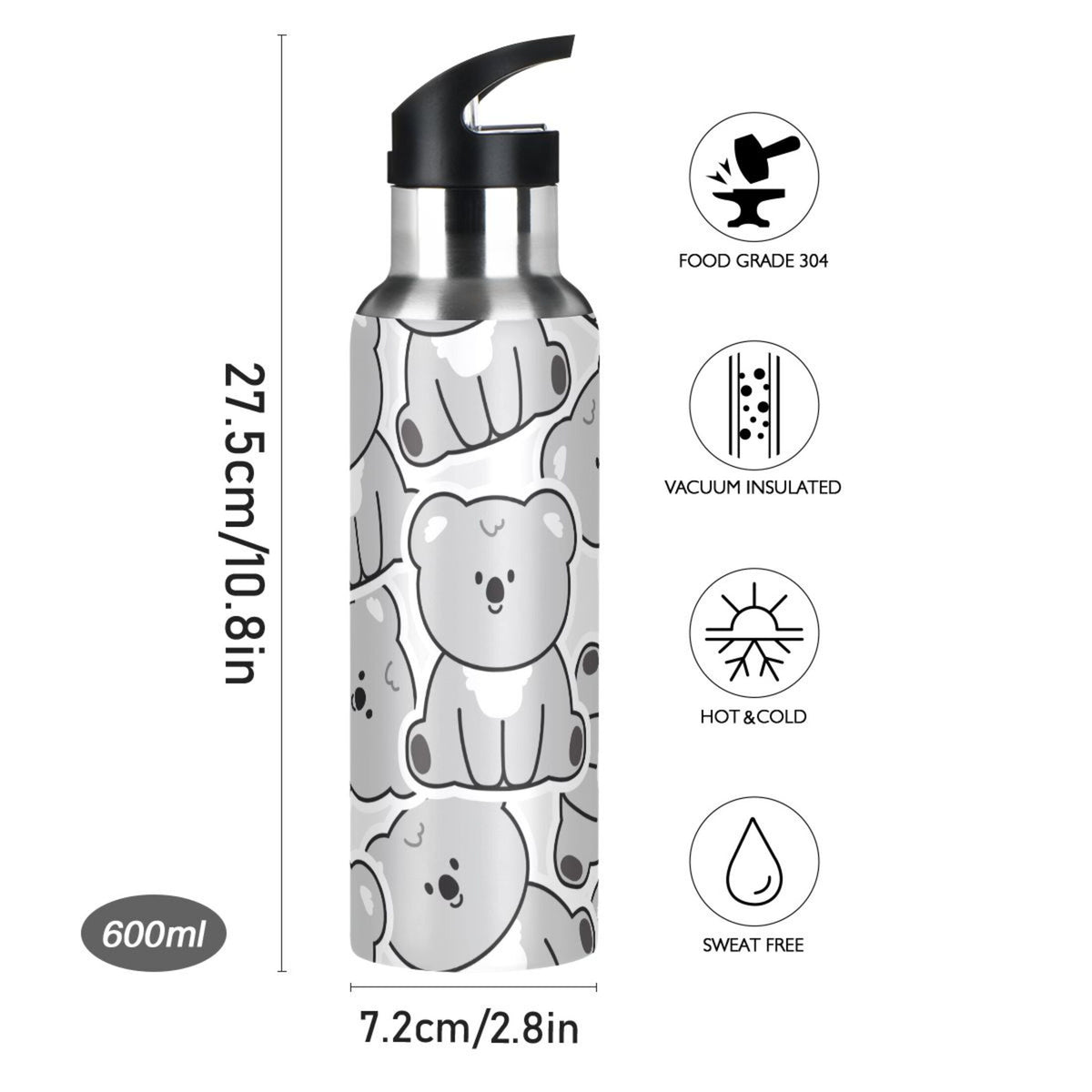 Gray Koala Bear Stainless Steel Insulated Water Bottle with Straw Lid N239