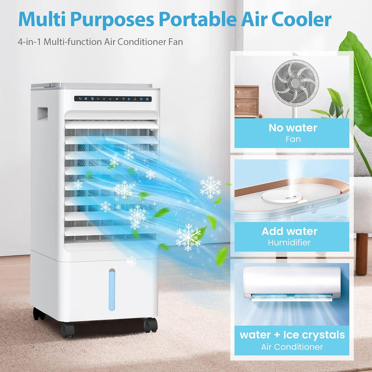 Portable Air Conditioner Fan, 5L Evaporative Air Cooler with LED Display, 3 Speeds & 3 Modes, 90° Oscillation, 7H Timer Remote Control Q487