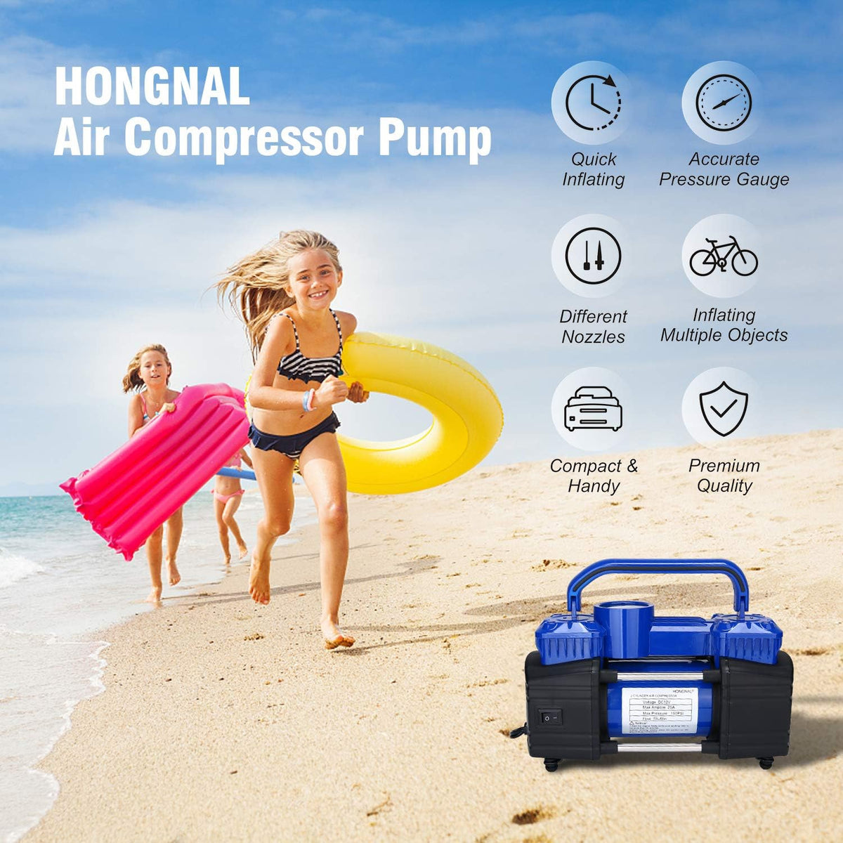 Portable Air Compressor Tire Inflator, 150PSI Car Air Pump DC 12V with 4 Nozzle Attachments, LED Light, Air Hose, Battery Clamp T5705