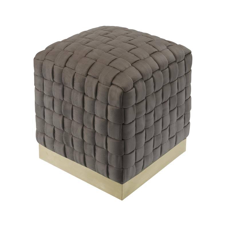 Taupe/Gold Velvet Cube Ottoman with Metal Base E676