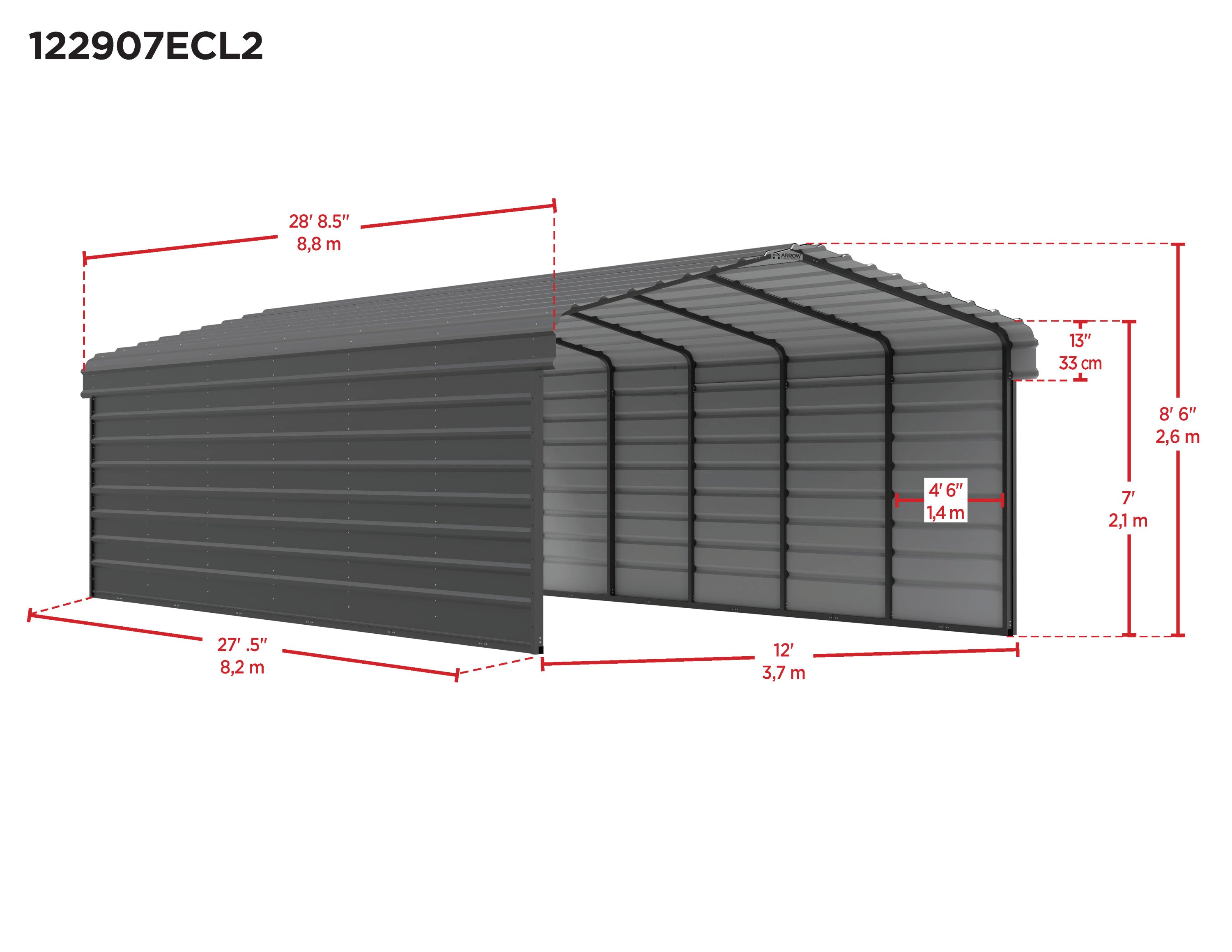 Galvanized Steel Carport Kit, 12' x 29' x 7' B537