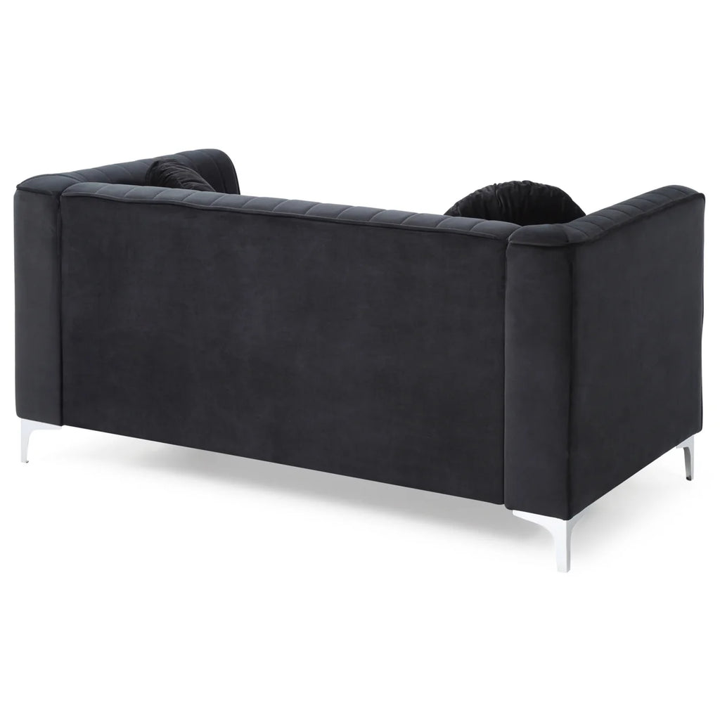 Black Tuxedo Arm Velvet Loveseat with 2-Throw Pillow O83468