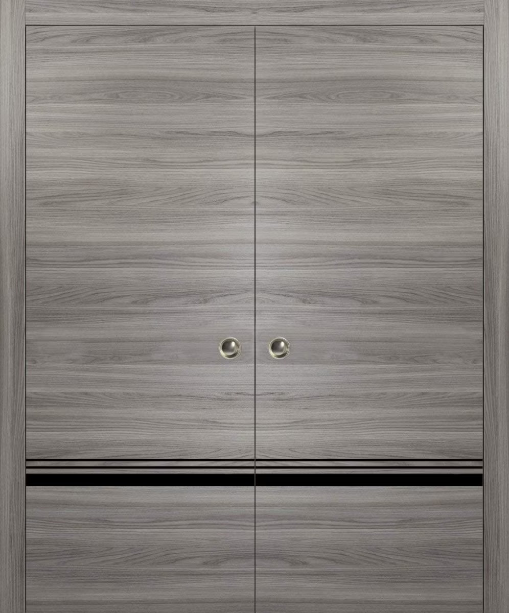 Sliding French Double Pocket Doors 72 x 84 inches Grey Matte with Frosted Glass Solid Wood Interior Doors S26004