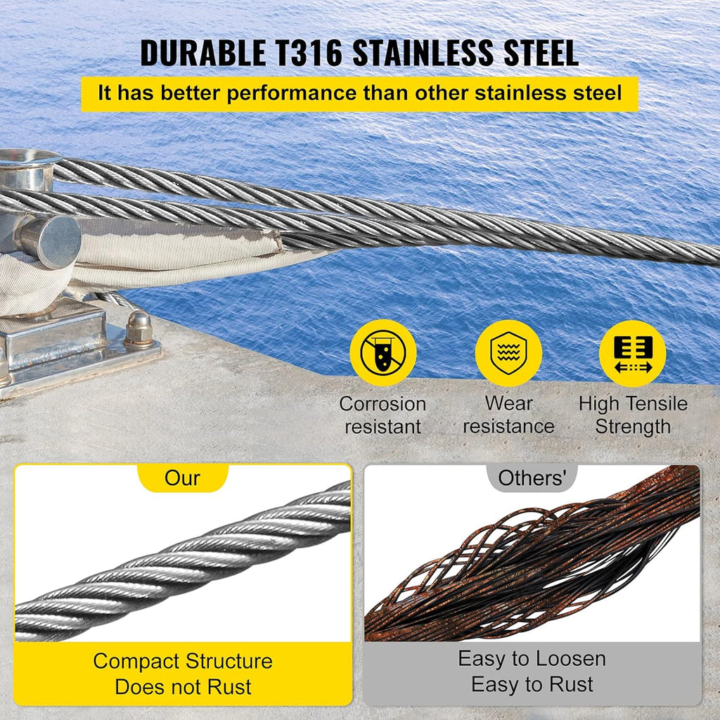 Stainless Steel 1/8"x 100ft Wire Rope 316 Marine Grade Braided Aircraft Cable H2512