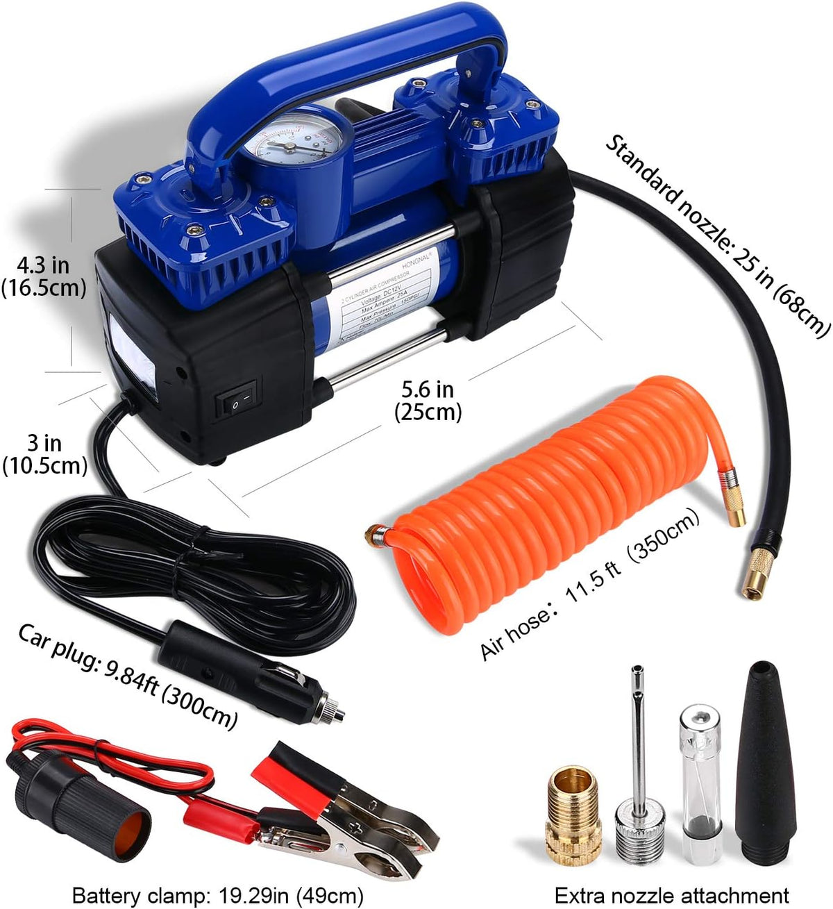 Portable Air Compressor Tire Inflator, 150PSI Car Air Pump DC 12V with 4 Nozzle Attachments, LED Light, Air Hose, Battery Clamp T5705