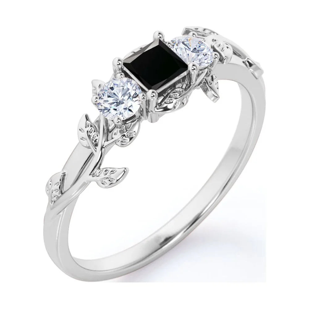 Three Stone Engagement Ring with Lab Grown Black Diamond and Moissanite V352545