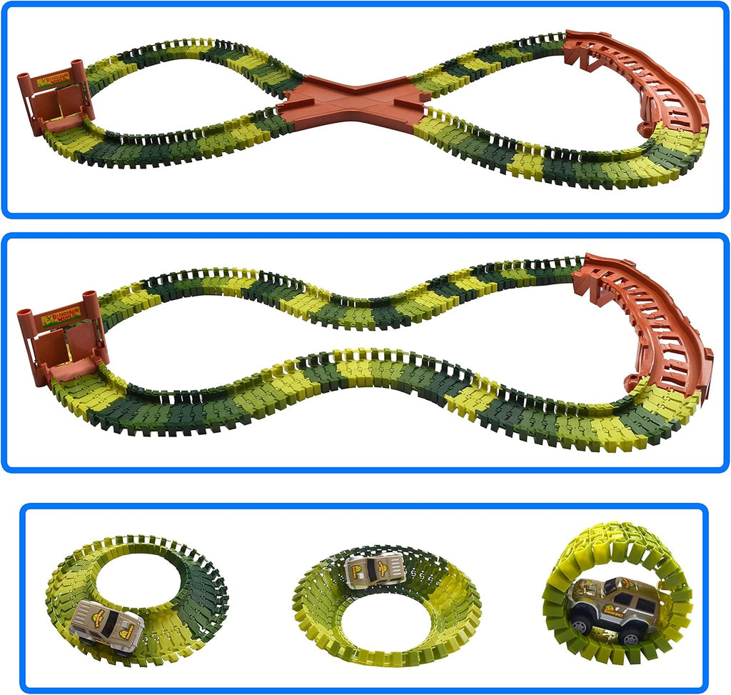 192 Pieces Flexible Train Track Race Car Vehicle Playset with 2 Battery Powered Race Cars and 2 Dinosaur Figures M96452