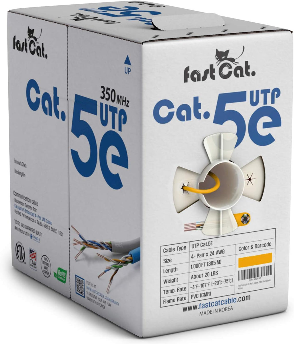 Cat5e Ethernet Cable 1000ft - 24 AWG CMR Bare Copper UTP LAN Cable (Orange) D4072