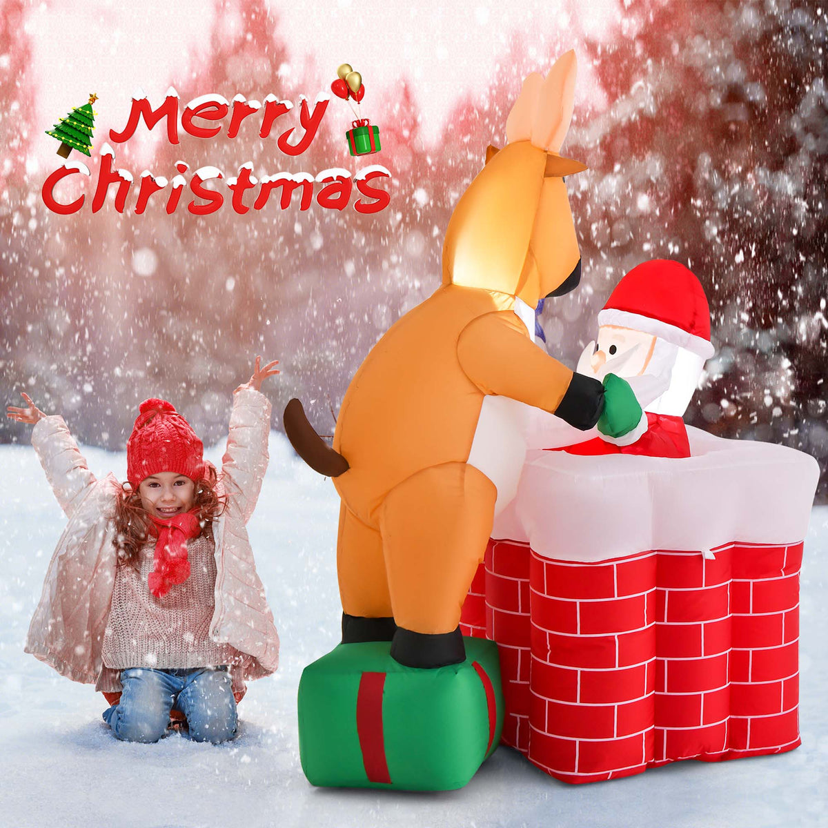 5 FT Christmas Inflatable Santa Claus Climbing Chimney Reindeer C67714
