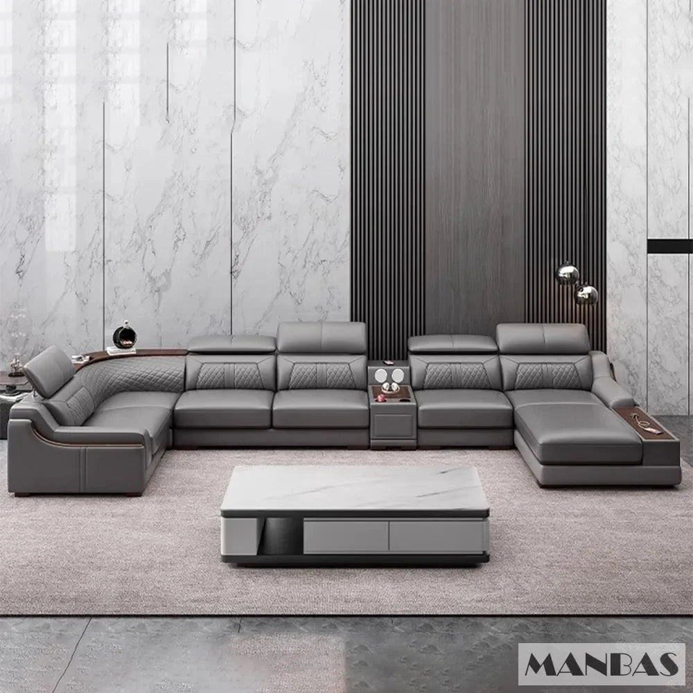 Italian Leather Couch Set with Cup Holder, USB, Adjustable Headrests & Bluetooth Speaker A3101