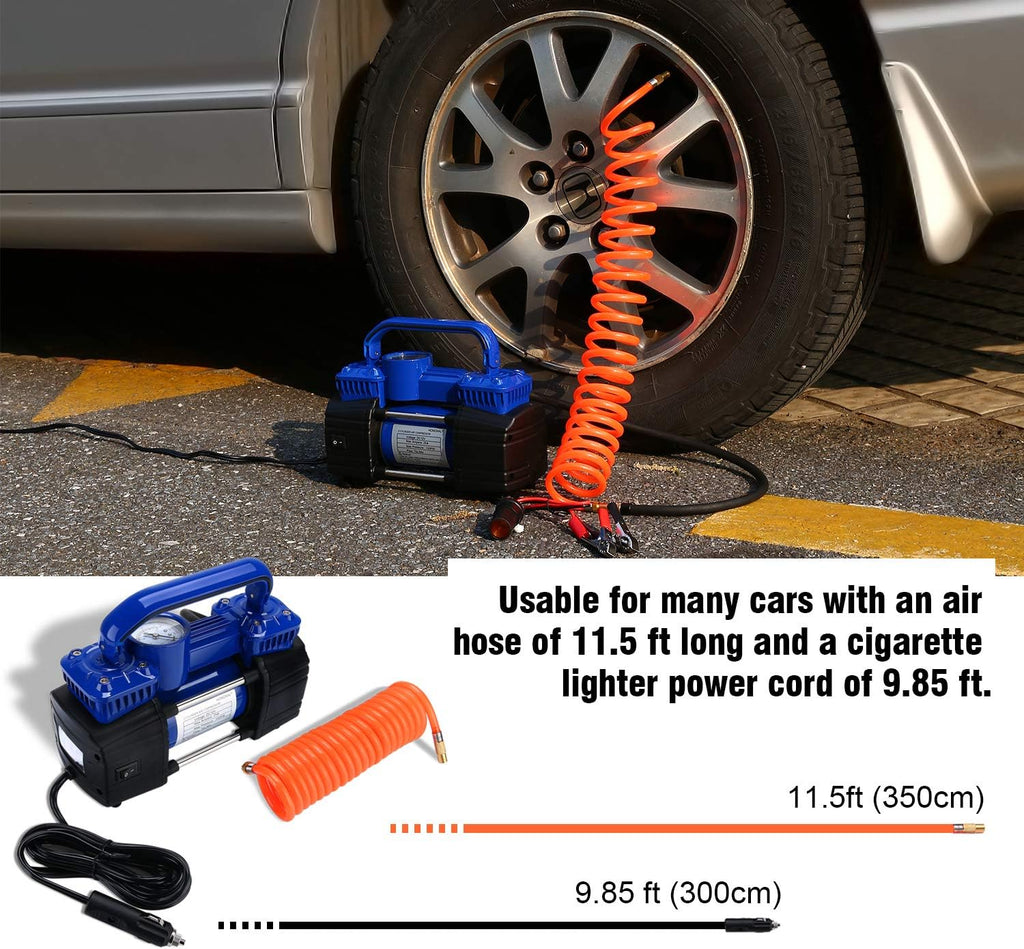 Portable Air Compressor Tire Inflator, 150PSI Car Air Pump DC 12V with 4 Nozzle Attachments, LED Light, Air Hose, Battery Clamp T5705