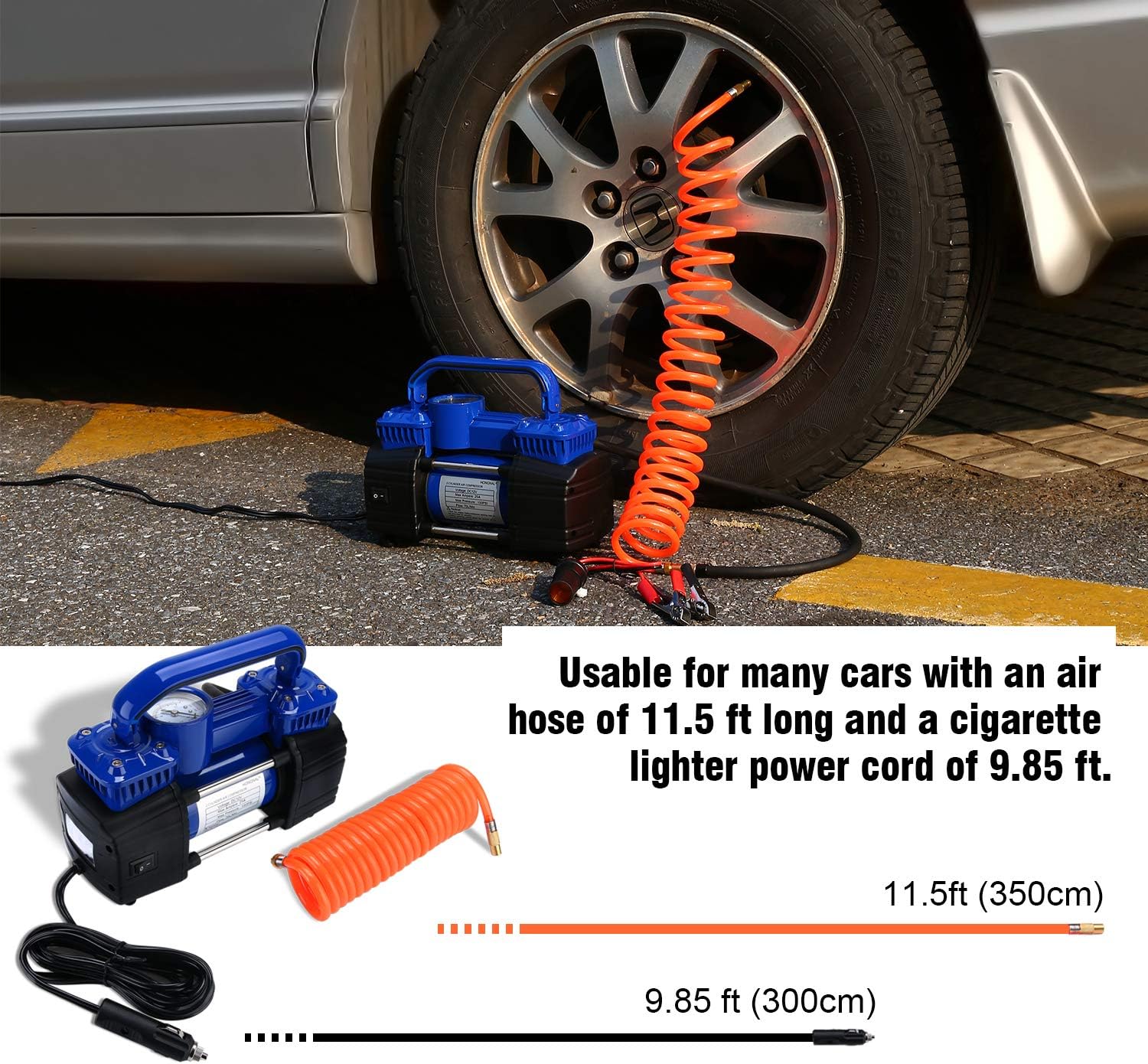 Portable Air Compressor Tire Inflator, 150PSI Car Air Pump DC 12V with 4 Nozzle Attachments, LED Light, Air Hose, Battery Clamp T5705