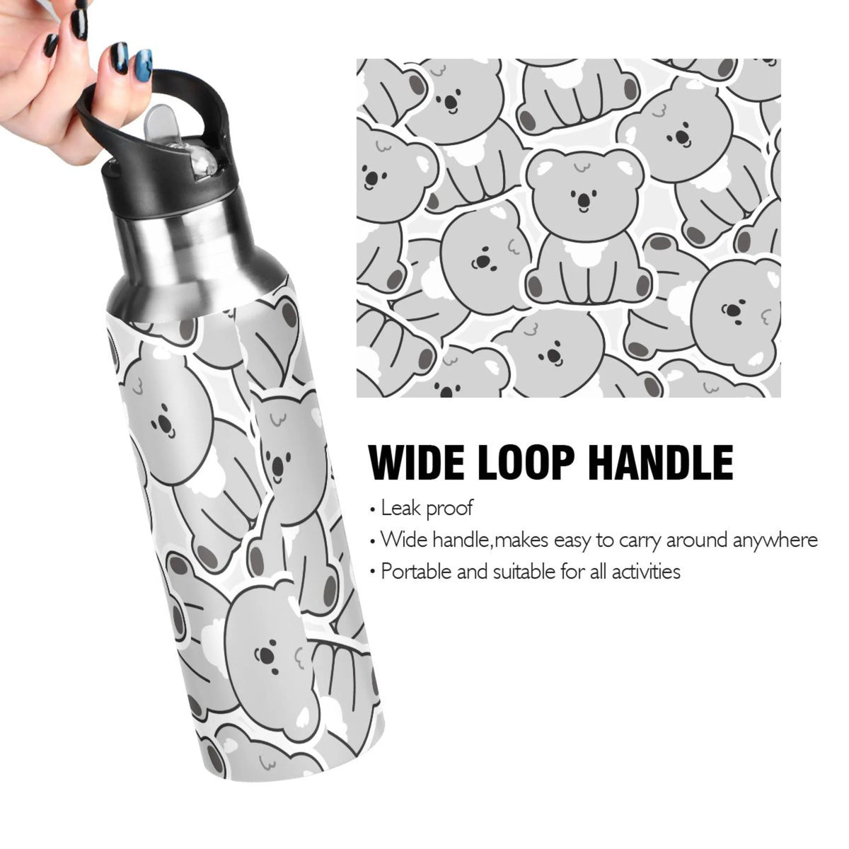 Gray Koala Bear Stainless Steel Insulated Water Bottle with Straw Lid N239