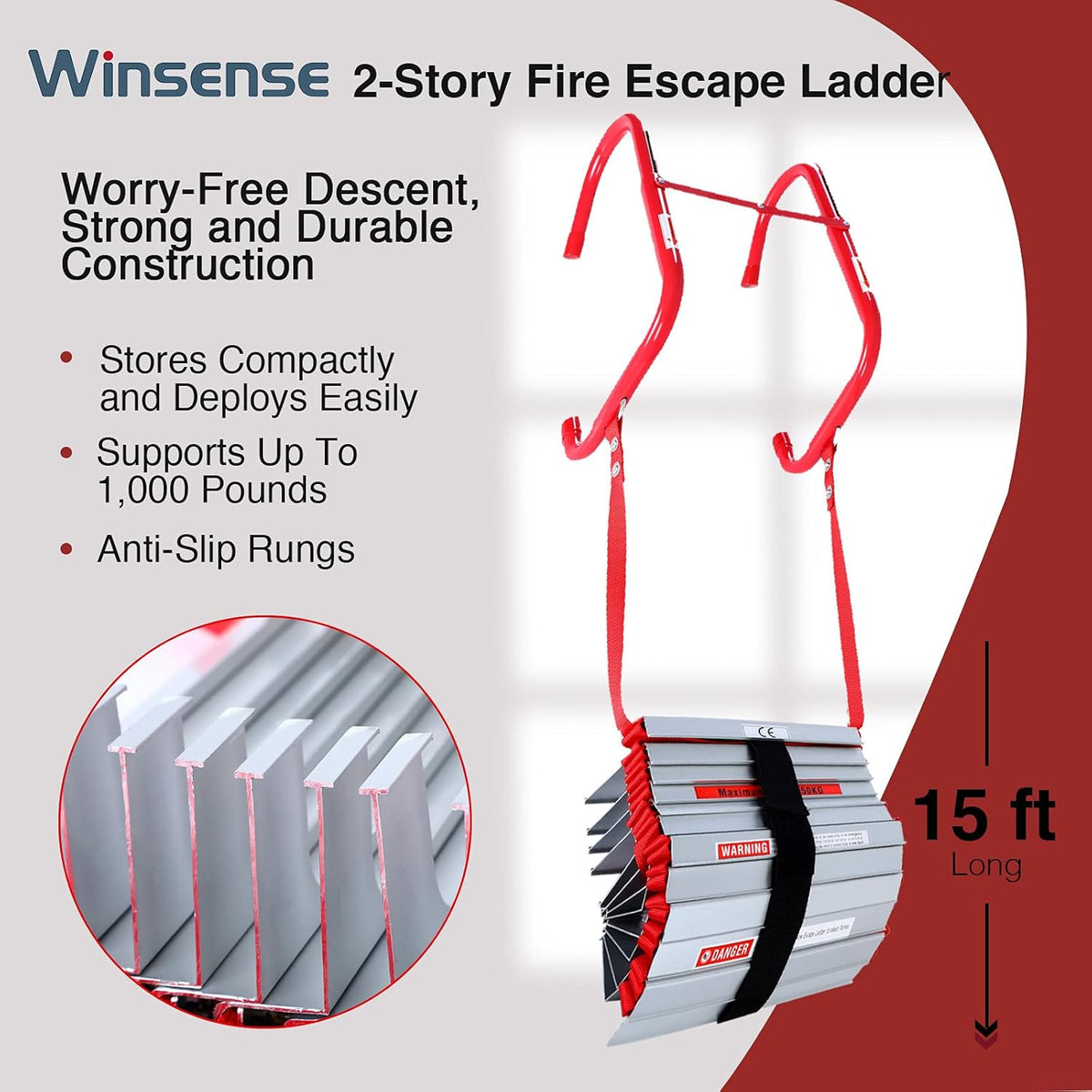Retractable Fire Escape Ladder 15 Foot with Aluminum Steps T254519