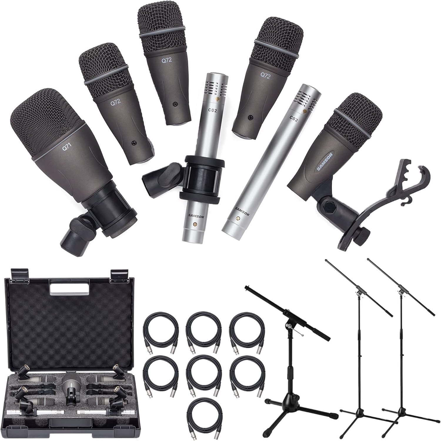 7-Piece Drum Microphone Kit with 2 Mic Boom Stands and 7 XLR Mic Cables Z6488