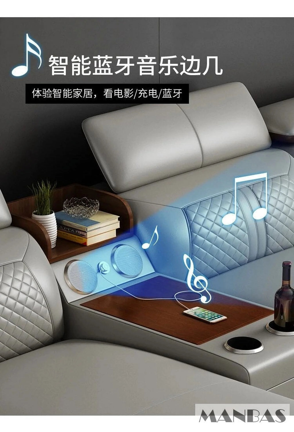 Italian Leather Couch Set with Cup Holder, USB, Adjustable Headrests & Bluetooth Speaker A3101
