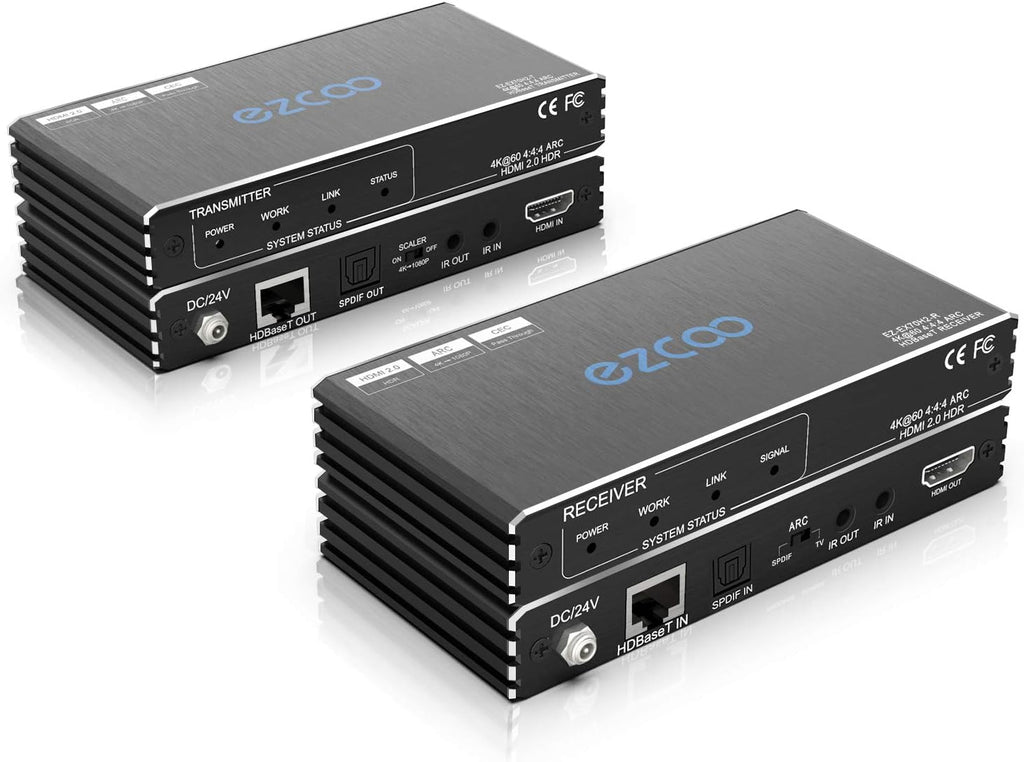 HDBaseT HDMI ARC Extender 4K 60Hz HDR10 18Gbps by Cat5e Cat6 SPDIF Toslink Bi-Directional PoE+IR+CEC 230ft 1080P 130ft 4K HDMI2.0 HDCP2.2 DTS:X 4K Down-Scale Slim Case F147128