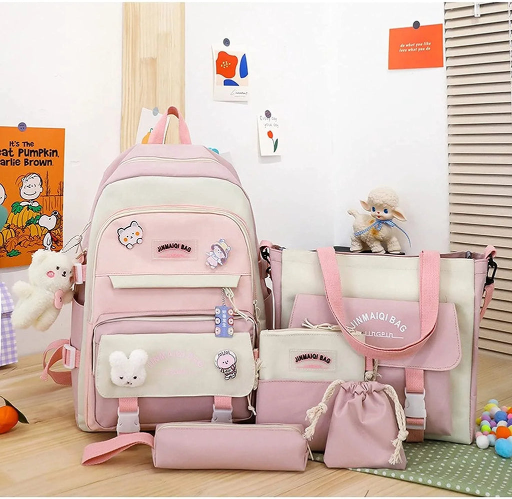 5Pcs Backpacks Combo Set with Bear Pendant & Pins Z4271