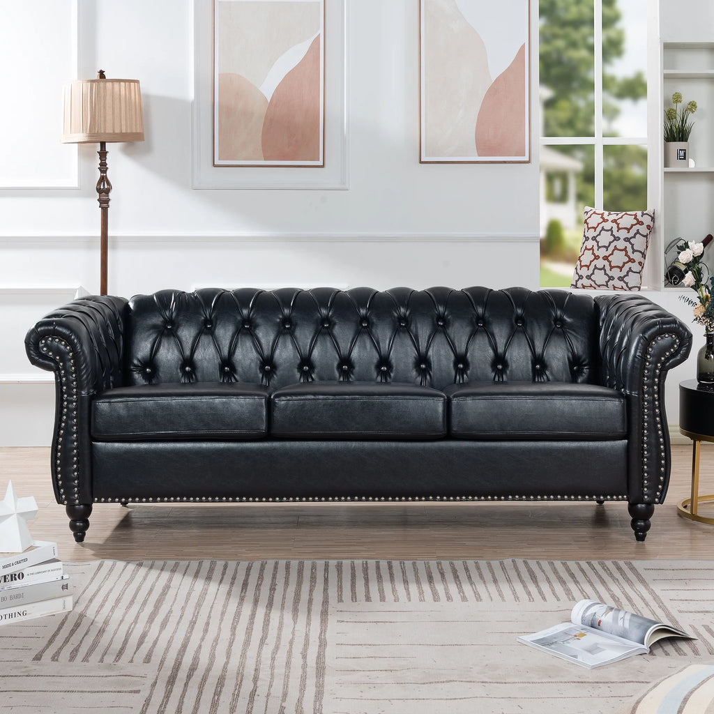 Black PU Rolled Arm Chesterfield Three Seater Sofa A26495