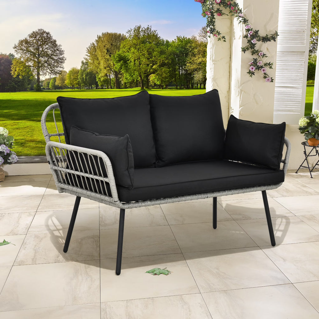 All-Weather Wicker Rattan 2 Seater Loveseat Sofa with Black Cushions & Lumbar Pillows V77734