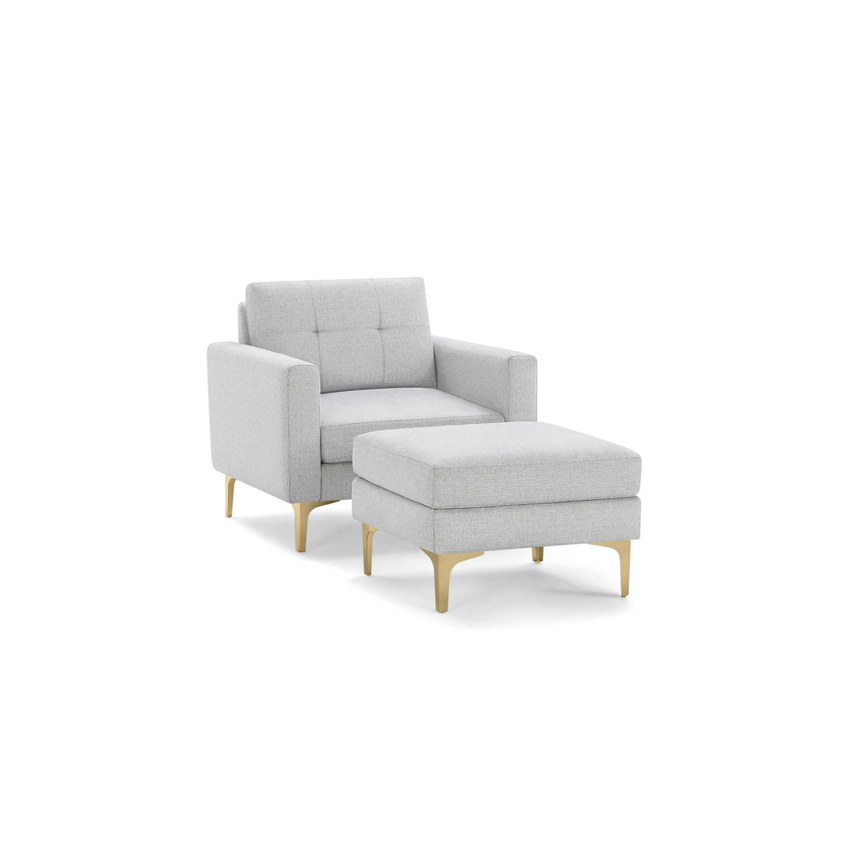Modular Armchair with Ottoman, Light Gray, Block Arms, 1 Seater, Brass Metal Legs O635
