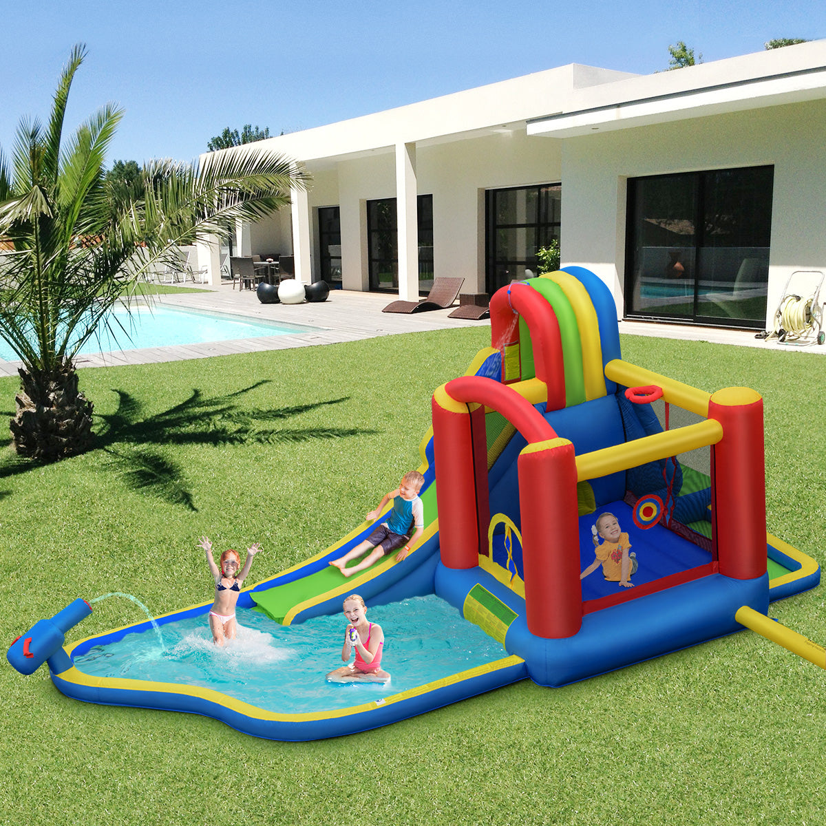 Inflatable Kid Bounce House Slide Climbing Splash Pool Castle with 750W Blower I6414