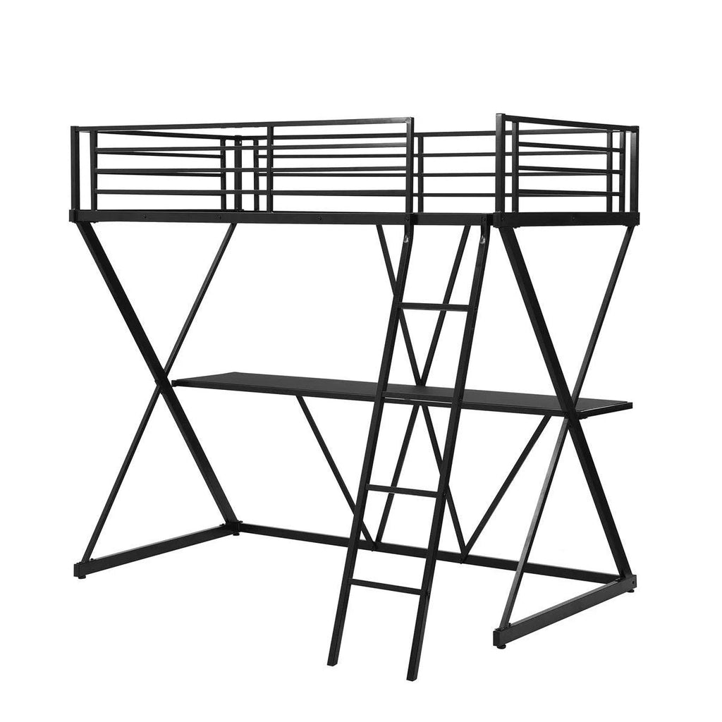 Twin Loft Bed with Desk, Ladder, and Guardrails - Silver J239